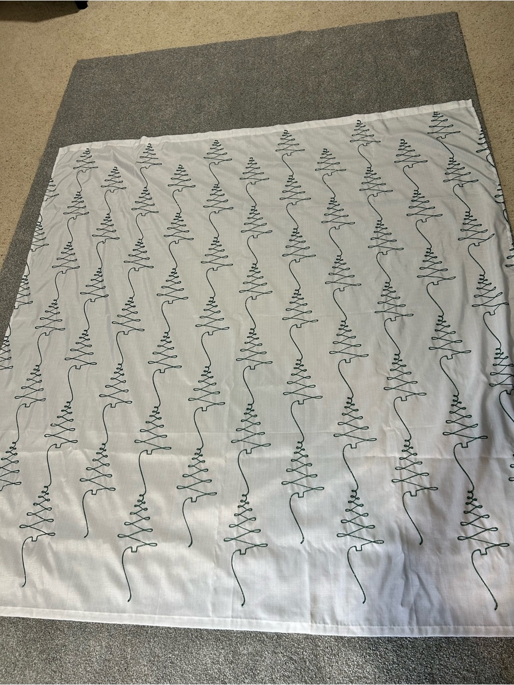 White Shower Curtain with Green Ribbon Christmas Tree Pattern